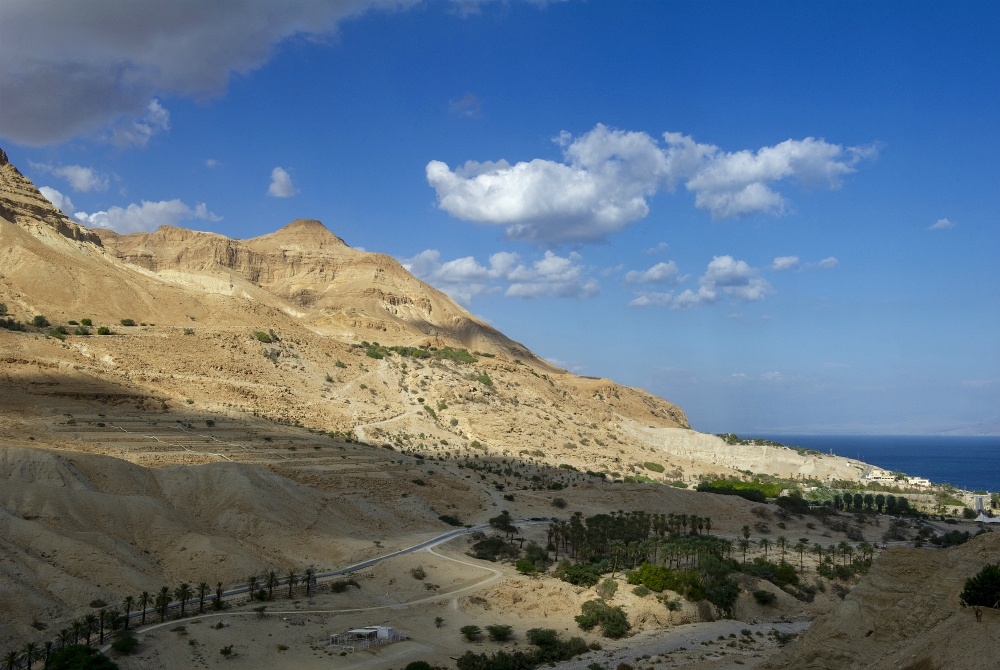La vista sulle montagne desertiche e sul Mar Morto dalla terrazza panoramica del Kibbutz Ein Gedi