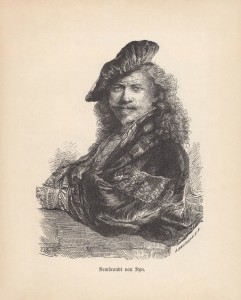 Rembrandt Harmensz. van Rijn, Self-Portrait Leaning on a Stone Sill. Wood engraving after an etching (1639) in the Albertina, Vienna, Austria, published in 1888.