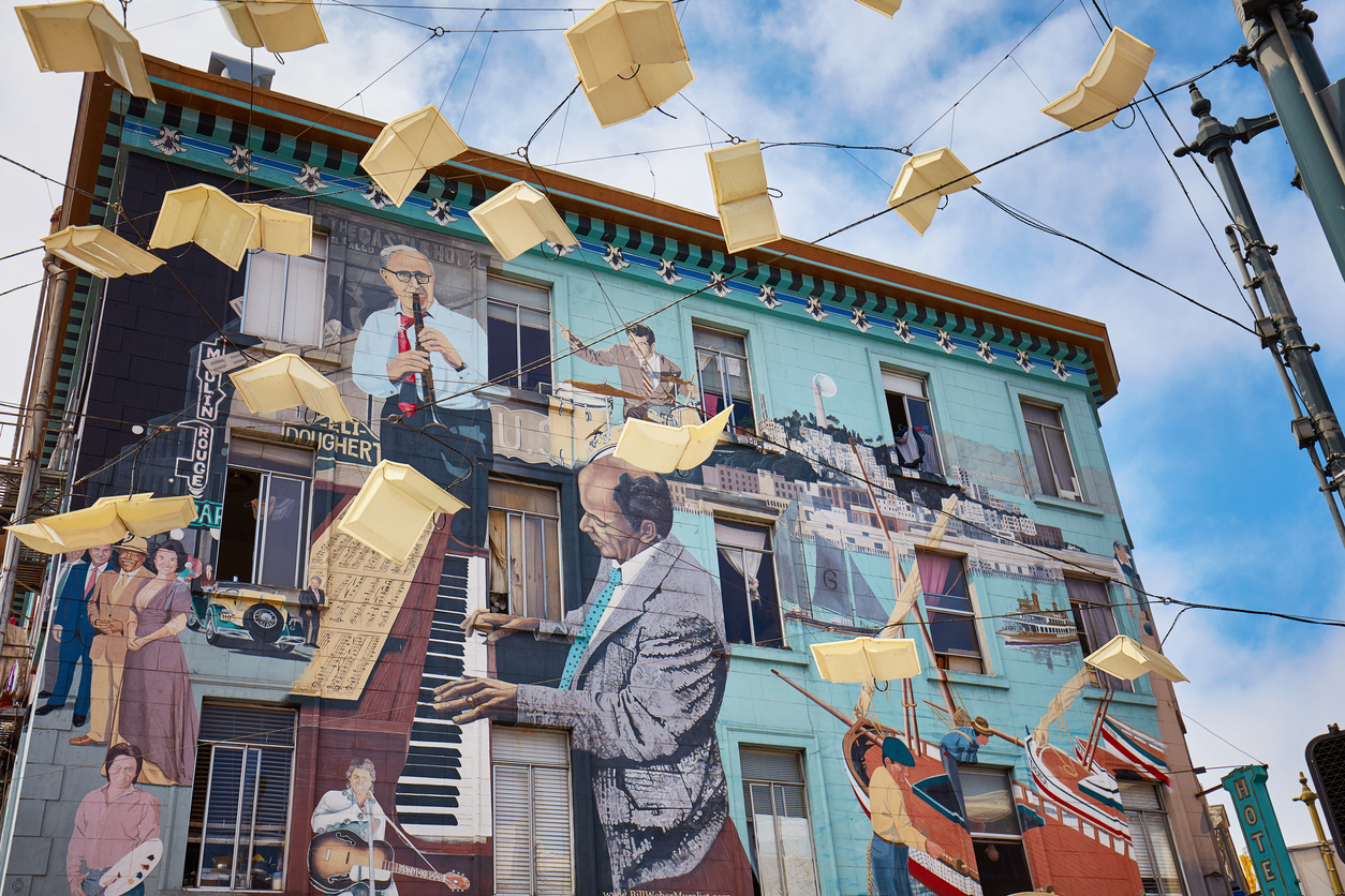 San Francisco, USA - July 29, 2017: Jazz mural by Bill Weber in the street in San Francisco, California, USA