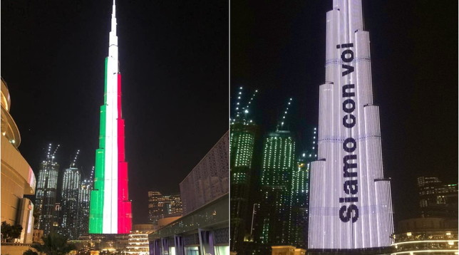 Coronavirus, il Burj Khalifa di Dubai diventa tricolore: “Siamo con voi”