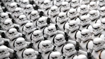 Tokyo, Japan - April 14, 2016: Toy Stormtroopers lined up in ranks. The Stormtroopers are action figures created by the Kotobukiya Toy company. Stormtroopers are enforcer characters from the Star Wars media franchise.