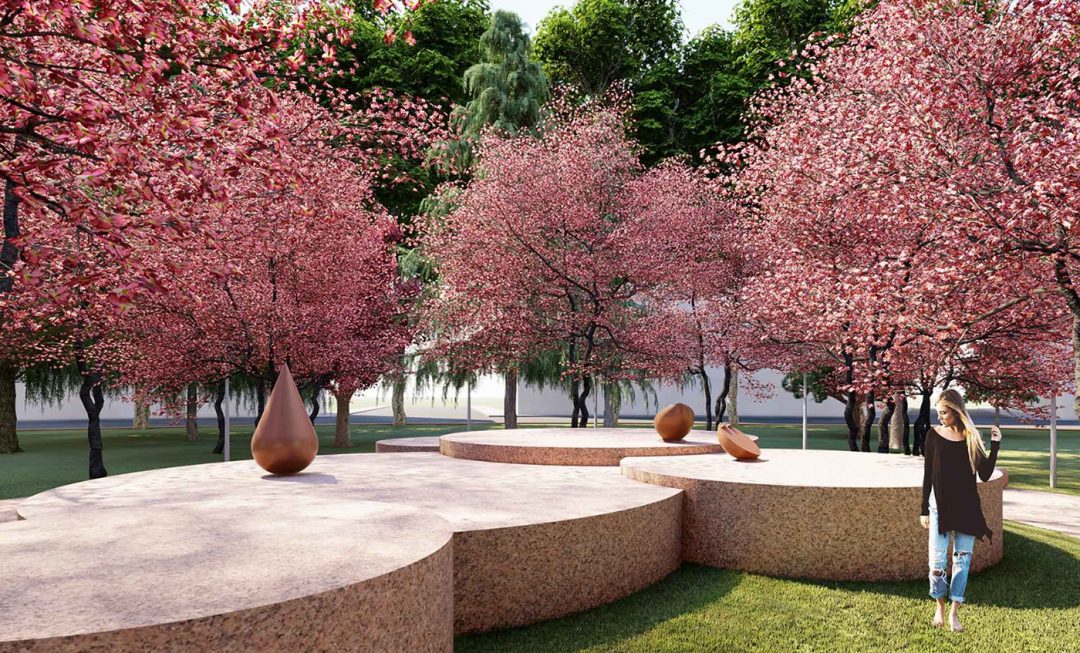 Un giardino zen a Milano con ciliegi in fiore e sculture di Kengiro Azuma