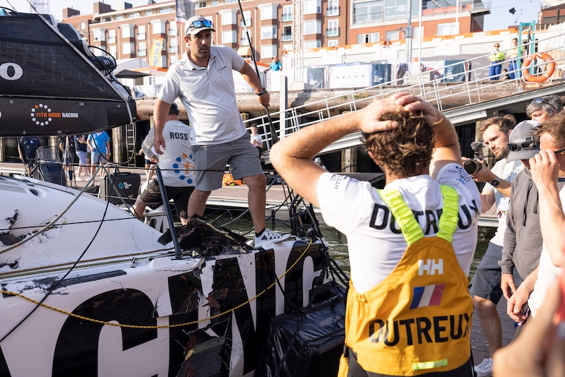 The Ocean Race team members meet at the pontoon as GUYOT environnement - Team Europe did not keep clear of 11th Hour Racing Team and there was a collision and damage on the boats.