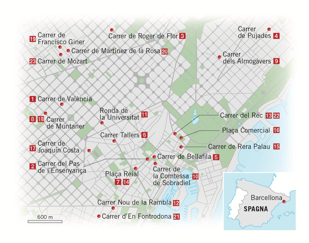 Mappa indirizzi locali notturni Barcellona