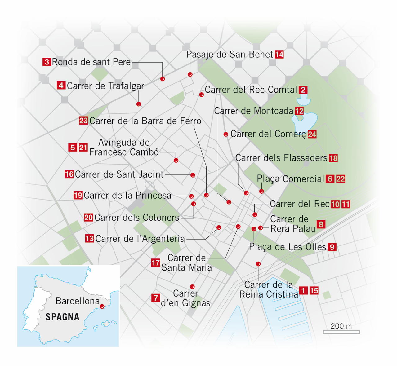 Mappa indirizzi quartiere La Ribera El Born a Barcellona