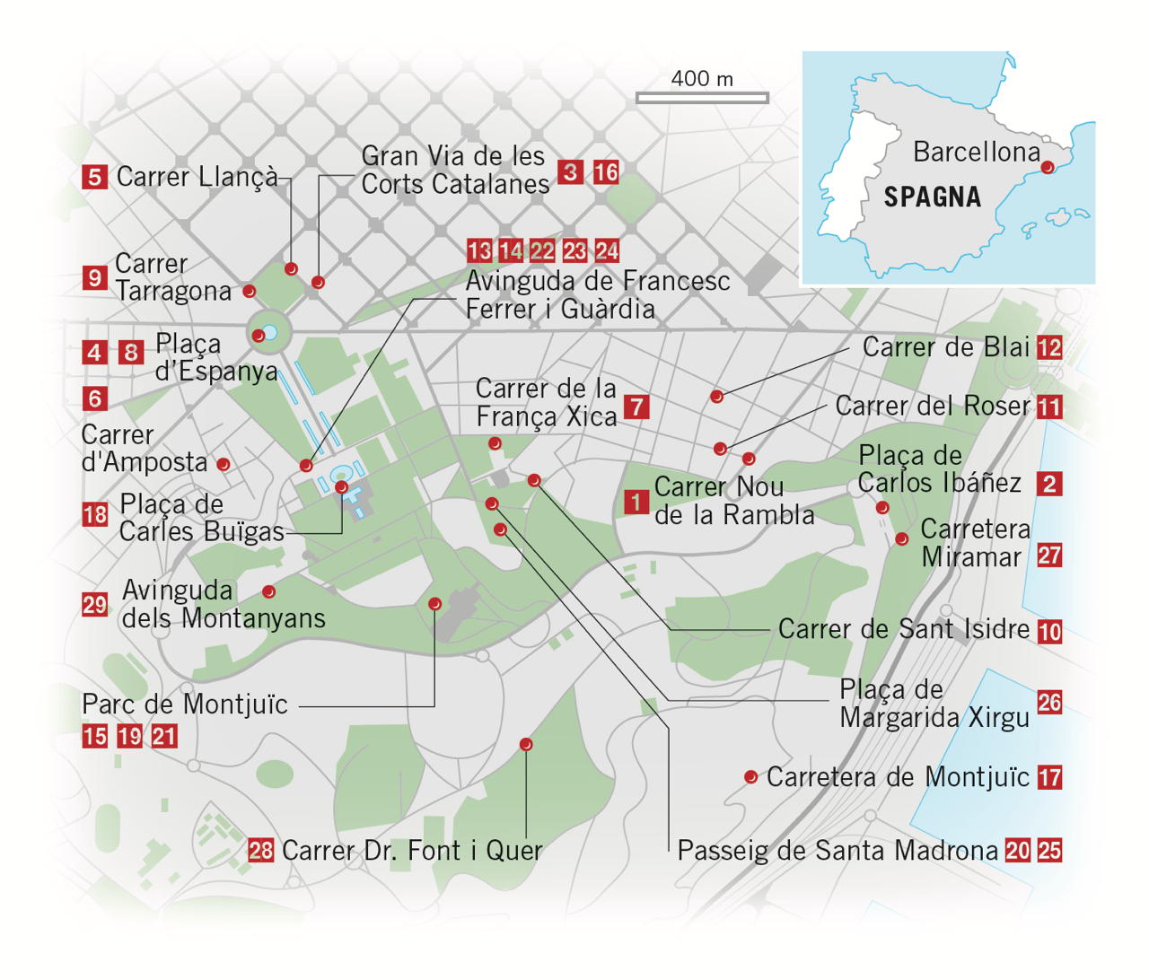 Mappa indirizzi Montjuic quartiere Barcellona